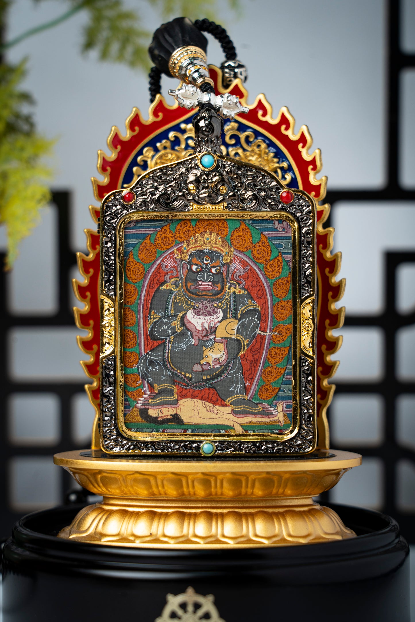 【伏藏聚富·摧破障魔】藏密威猛财尊 大师手绘开光 黑财神唐卡强力招财护身吊坠